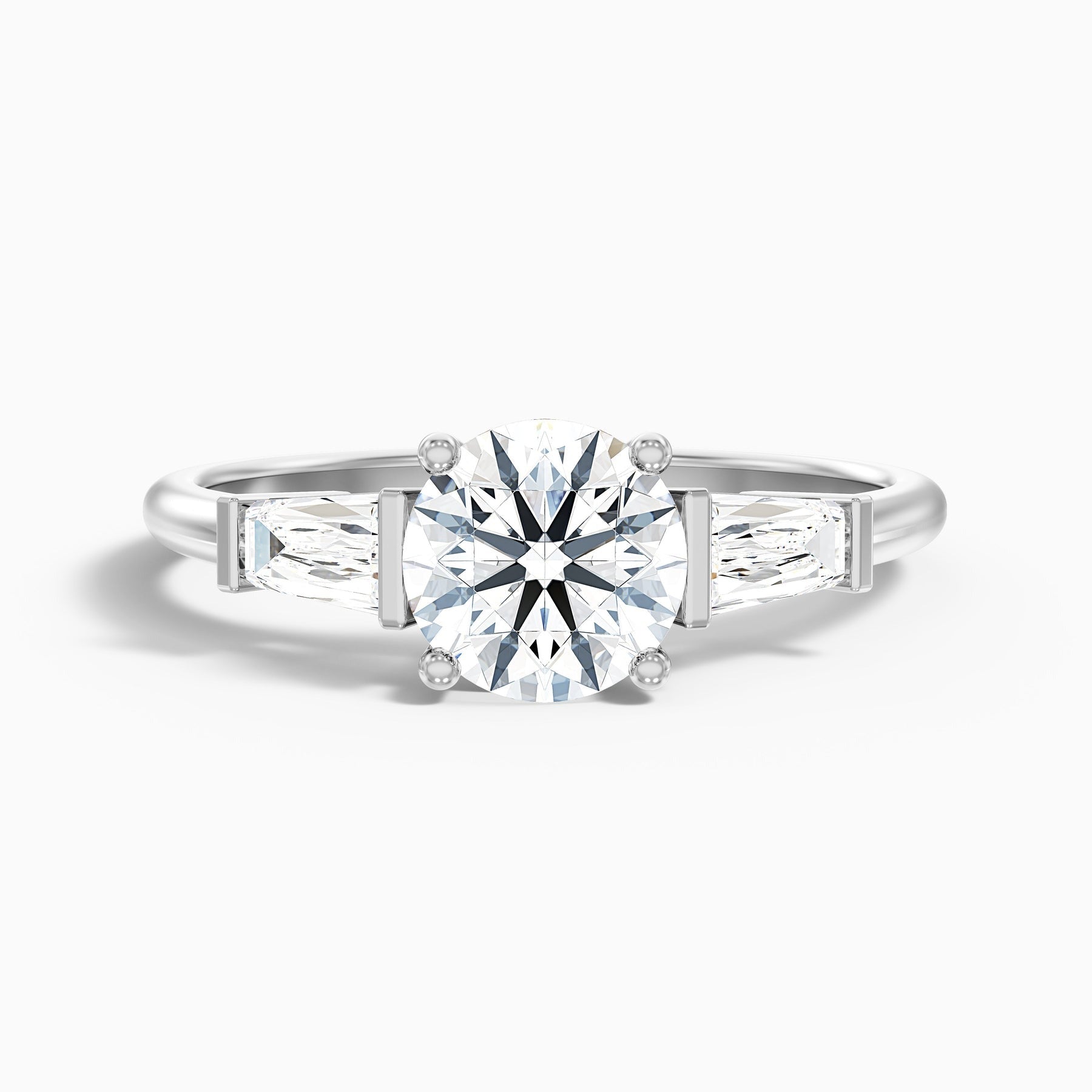 Avalon Round 3 Stone Moissanite Ring With Side Baguette Moissanite